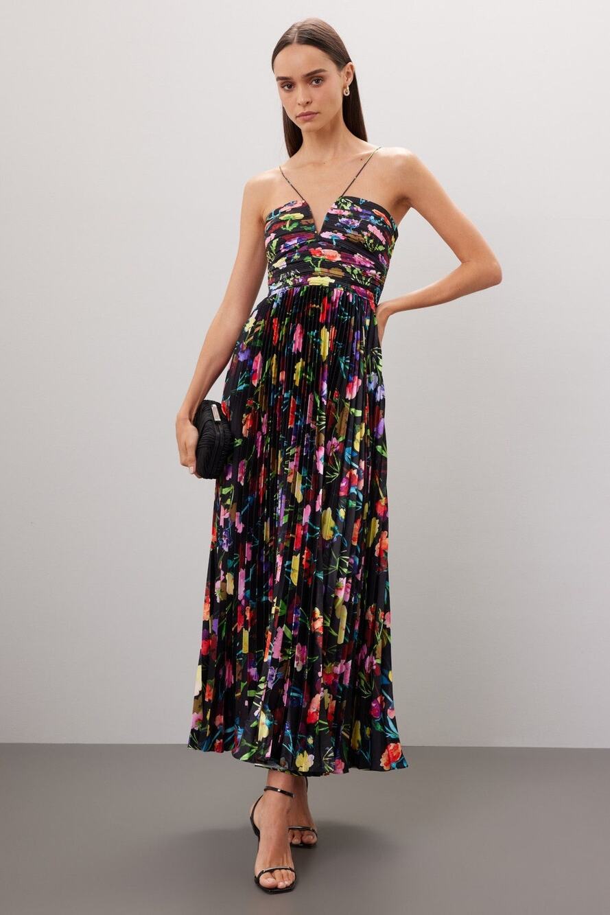 AIIFOS Adriana Black Floral Print Pleated Satin Halter V Neck Maxi Dress Size 0